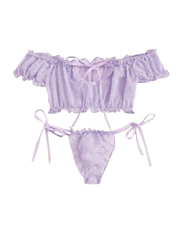 SheIn Women's Self Tie Ruffle Trim Dobby Mesh Lingerie Set Sexy Bra and Panty - Small Light Purple