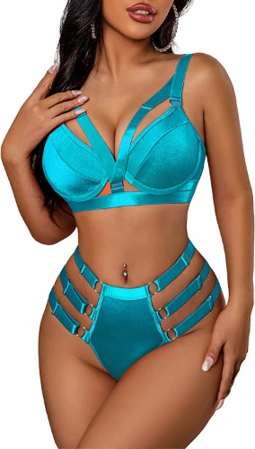 Avidlove Womens Bondaged Lingerie Set Sexy Underwired Push Up Bra and Panty Set Two Piece Lingerie - Blue Small