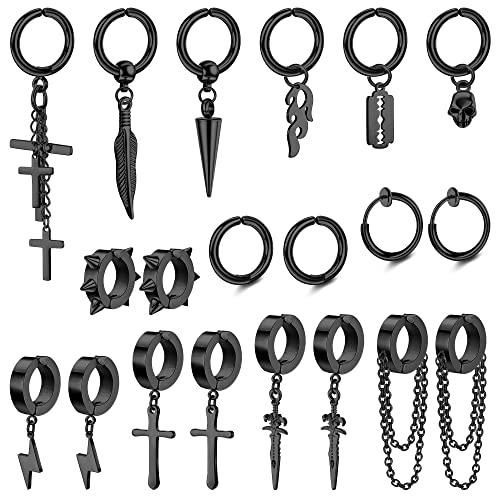 Sanfenly 26Pcs Clip On Earrings for Men Stainless Steel Non Pierced Cross Chain Lightning Feather Spike Skull Dangle Huggie Hoop Fake Earrings Set Black Silver Gold Tone - Black