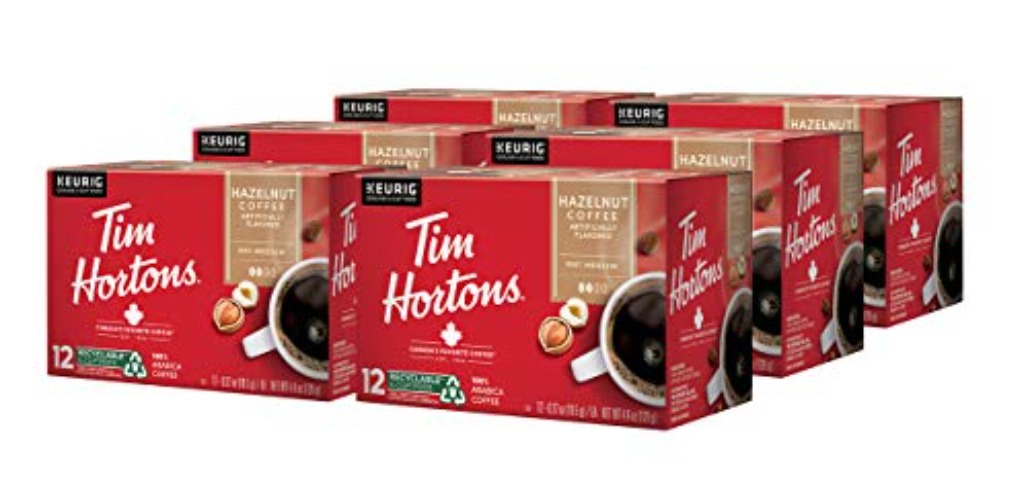 Tim Hortons Hazelnut Flavored, Medium Roast Coffee, Single-Serve K-Cup Pods Compatible with Keurig Brewers, 72ct K-Cups, 6x12ct Boxes, Red - Hazelnut - 12 Count (Pack of 6)