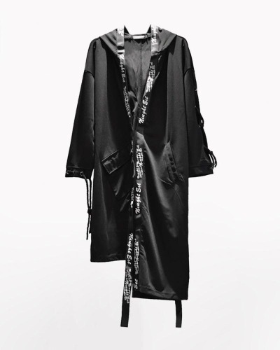 Techwear Yamamoto Ribbon Hooded Coat | Black / XL