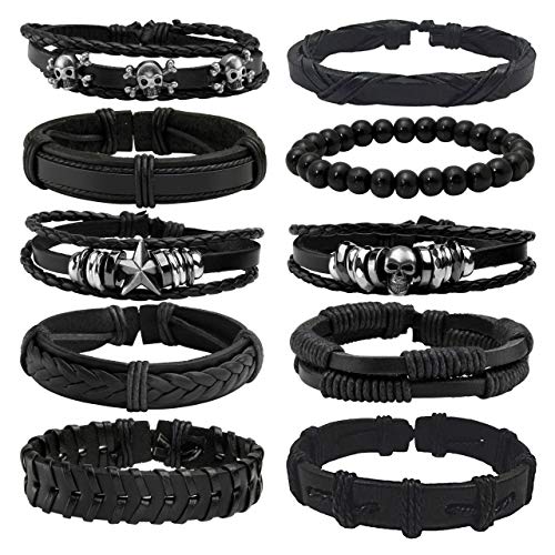 Manfnee 6-12PCS Braided Faux Leather Bracelet Punk Cuff Wrap Bracelets for Men Women Adjustable - F:10pcs