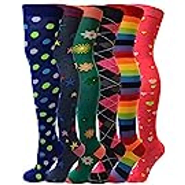 SUMONA 6 Pairs Pack Women Multi Neon Color Fancy Design Thigh High Over the Knee Socks Stockings