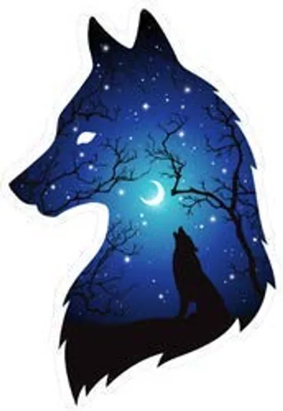 Silhouette of Wolf Moon and Stars Double Exposure - Vinyl Sticker - Bumper Sticker Walls Laptops Trucks - Graphic Sticker - Star