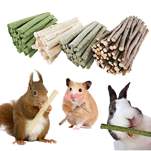GREMBEB Bunny Chew Stick Rabbit Toy Treat 400g 4 in 1 Molar Stuff 100% Organic Natural Snack Apple Branch Sweet Bamboo Timothy Hay Alfalfa Food Clean Teeth Hamster Chinchilla Parrot Gerbil Squirrel - 400g (4 in 1)