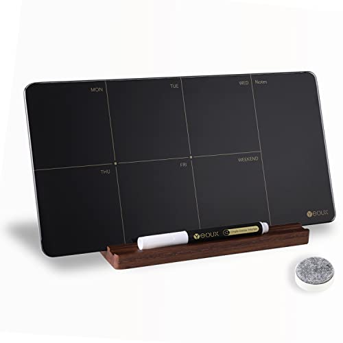 Desktop Black Glass Weekly Planner Dry Erase Whiteboard with Detachable Wood Stand,Small Portable Week Calendar to Do List White Board 12x6" for Office, Home, Schools, Marker&Eraser Included, Yeoux - Black