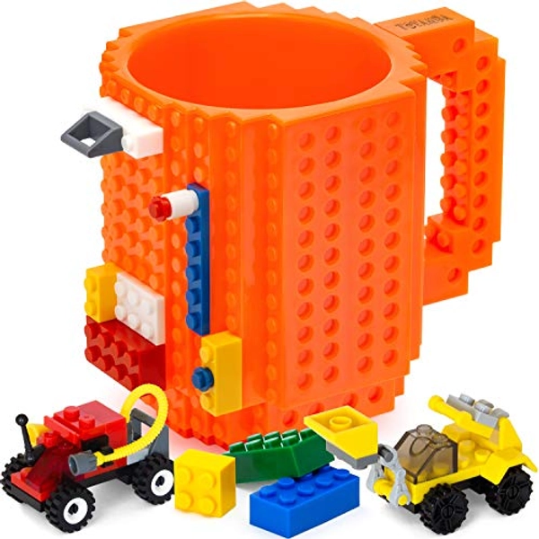 TOYAMBA Build-on Brick Mug BPA-Free Funny Coffee Mug with 3 Packs of Building Bricks, Funny Cups for Kids - Creative Building Block Mug DIY Idea 16OZ (Orange) - Orange