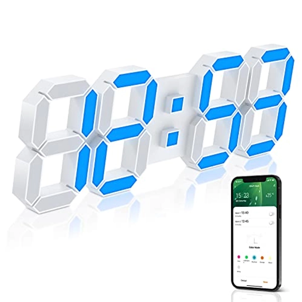 EDUP HOME 15" Multicolor LED Digital Wall Clock Alarm Clocks with APP Control, 3D LED Light Decorate Clocks with 5 Levels Brightness/Time/Date/Temperature Display, for Kitchen Bedroom Office