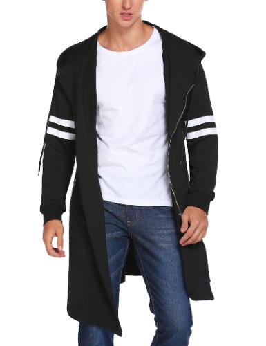 COOFANDY Men's Fashion Long Hooded Outwear Hoody Sweatshirt Teenager Hoodies Longline Cardigan - Black Large