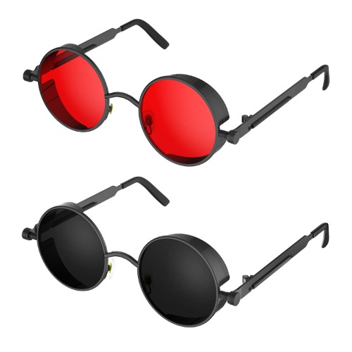 PROUDDEMON Retro Gothic Steampunk Sunglasses for Women Men Round Lens Metal Frame - 2pack Black Grey & Black Red