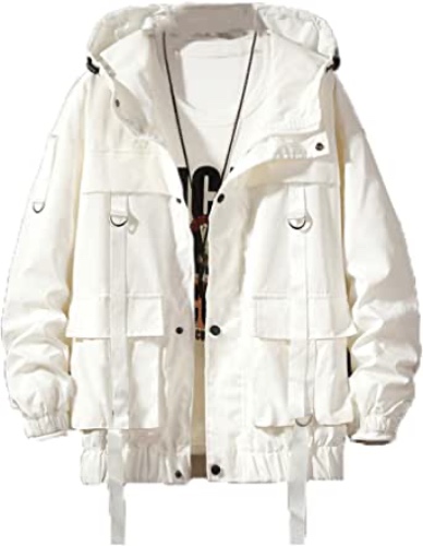Tealun Men Streetwear Hip Hop Bomber Jacket Harajuku Ribbons Pockets Windbreaker Korean Style Fashions Clothing White M