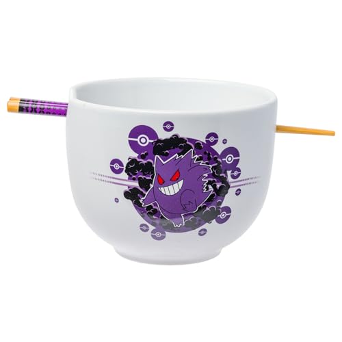 Silver Buffalo Pokemon Gengar Pokeballs Boxed Ceramic Ramen Bowl with Chopsticks, 20 Ounces - Pokemon Gengar Pokeballs