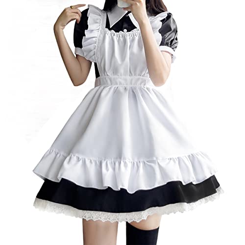 Aurueda French Maid Dress Cosplay Anime Halloween Kostüm Maid Outfit Niedliche Maid Kostüm Set mit Kleid Schürze Kopfbedeckung für Halloween Maid Costume - S - Schwarz