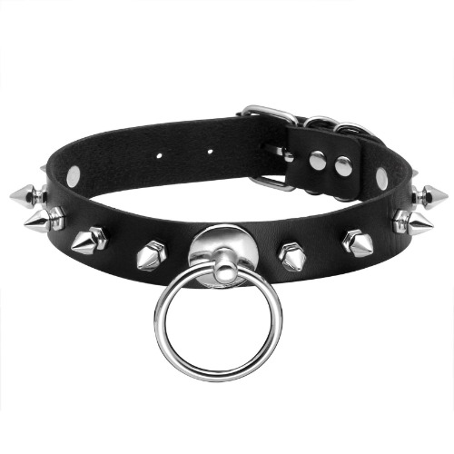Milakoo O Ring Punk Goth Metal Spike Studded Black Leather Necklace Studded