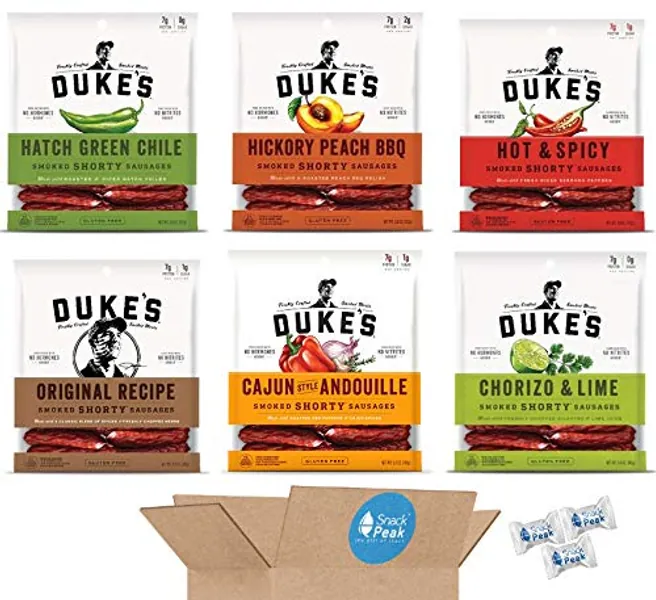 Duke’s Shorty Smoked Sausages Ultimate Variety Snack Peak Gift Box – Original, Chorizo and Lime, Hatch Green Chile, Hot and Spicy, Cajun Andouille, Hickory Peach BBQ