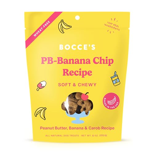Bocce's Bakery PB Banana Chip Recipe Treats for Dogs, Wheat-Free Everyday Dog Treats, Real Ingredients, Baked in The USA, All-Natural Soft & Chewy Cookies, Peanut Butter, Bananas, & Carob, 6 oz - PB-Banana Chip - Peanut Butter, Bananas, & Carob