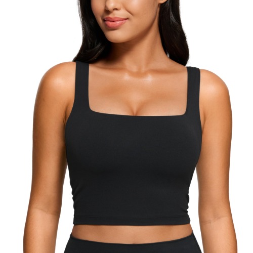 CRZ YOGA Women's Butterluxe Sport-bh med fyrkantig hals Vadderad trådlös crop top Gym Workout Tank Tops Camisole med inbyggd bh - S - Svart
