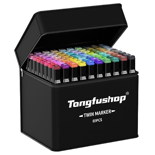 Tongfushop 80 Colored Marker Set, Colouring Pens, Art Pens, Felt Tip Pens, Double Tip Permanent Paint Pens for Drawing, Sketching, Anime and Manga with Carrying Case and Storage Base - 80