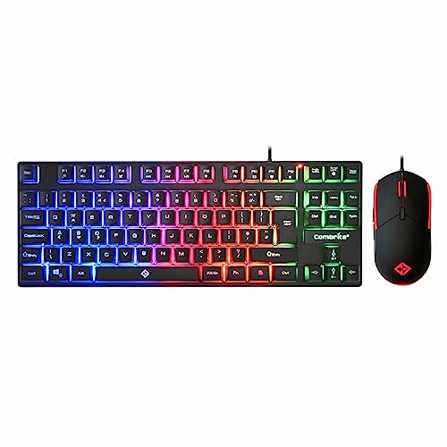 Combrite Falcon Gaming Keyboard And Mouse Set, TKL Compact Size, Rainbow LED Backlit, USB Wired Desktop Combo, UK Layout
