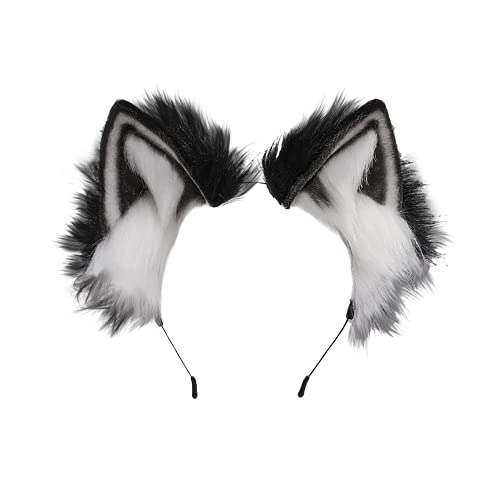 Focupaja Animal Cosplay Ears Hairband Handmade Faux Plush Cat Fox Wolf Dog Ears - Black - One Size