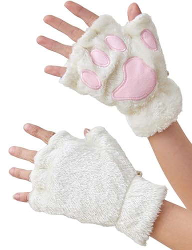 OTPEH Cat Paws Gloves Fingerless Bear Furry Paw Cute Hand Paw Gear Cosplay Costume Accessories - One Size - White