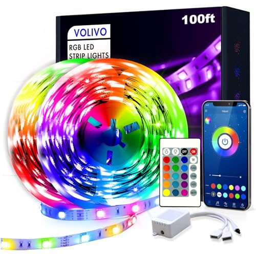 VOLIVO 100ft RGB Led Strip Lights, Color Changing Led Light Strips Kit with 24 Keys IR Remote Control, Led Lights for Bedroom, Room, Home - 100 ft