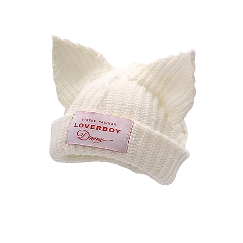 Cat Ear Hat Cute Beanie Hat Knit Skull Cap Warm Slouchy Crochet Hat - Medium-Large - White
