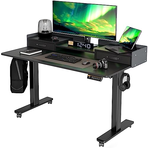 Claiks Standing Desk with Drawers, Stand Up Electric Standing Desk Adjustable Height, Sit Stand Desk with Storage Shelf and Splice Board, 48 Inch, White - Black - 55 inch