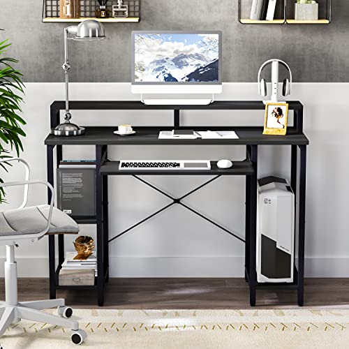 oneinmil Computer Desk with Storage Shelves, 46.5" Studying Writing Table with Adjustable Monitor Shelves, Monitor Stand Study Table with Keyboard Tray for Home and Office, Black - 46.5" - Black