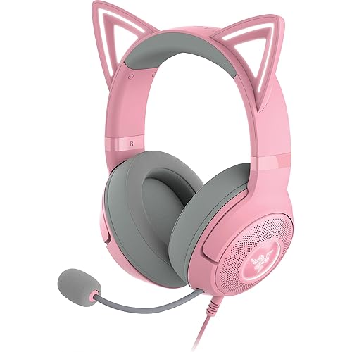 Razer Kraken Kitty V2 USB Wired Headset: Chroma RGB Kitty Ears - Stream Reactive Lighting - HyperClear Cardioid Mic - 40 mm Drivers - 7.1 Surround Sound - Comfortable Ear Cushions - Quartz Pink - Quartz Pink