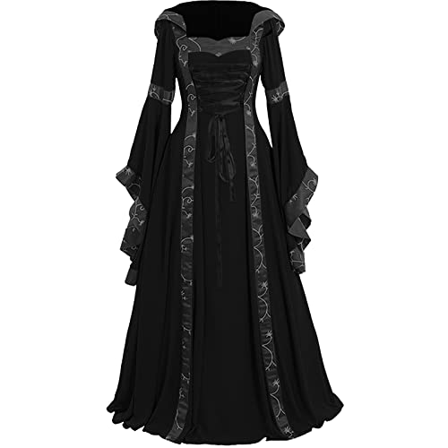 Medieval Renaissance Dress Women Halloween Cosplay Costumes Vintage Gothic Gown Plus Size Victorian Cocktail Dress - Black - XX-Large