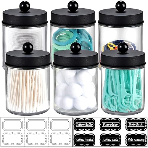 Amolliar 6Pc Apothecary Jars Bathroom Vanity Organizer- Rustic Farmhouse Decor Storage Canister with Stainless Steel Lids- Qtip Dispenser Holder for Q-Tips,Cotton Swabs,Rounds,Ball,Flossers (Black) - Black