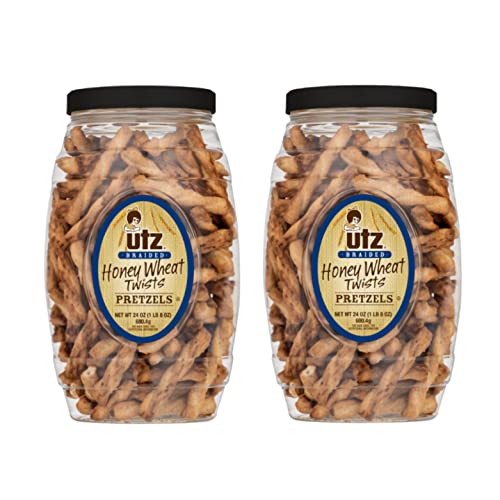 Utz Braided Honey Wheat Pretzel Twists – 24 oz Barrel (2 Count) – Sweet Honey Taste, Thick, Crunchy Pretzel Twists, Perfect for Dipping and Snacks, Zero Cholesterol Snack Food, Brown