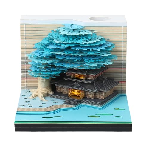 SIWEME 3D Memo Pad 260 Sheets Tree House Notepad with Light Kawaii Sticky Note Pad 3D Paper Carving Art Craftwork Omoshiroi Desk Decoration Pen Holder DIY High-Grade Creative Gift - Blue Tree House