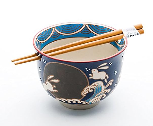 Happy Sales HSRB-TURFLR, Multi Purpose 5"D Ramen Udon Soba Pho Noodle Donburi Rice Tayo Bowl with Chopsticks, Turquoise Floral - Blue Cherry Blossom