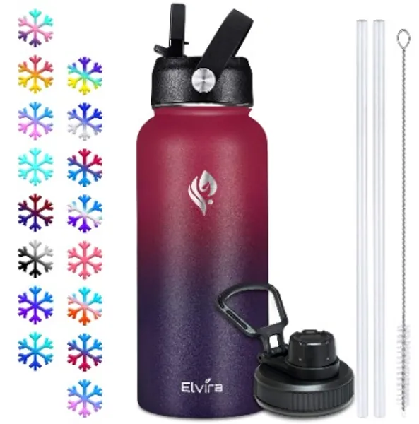 Elvira 32oz Vacuum Insulated Stainless Steel Water Bottle with Straw & Spout Lids, Double Wall Sweat-Proof BPA Free to Keep Beverages Cold for 24Hrs or Hot for 12Hrs