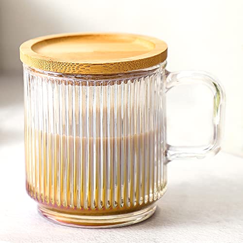 Lysenn Iridescent Glass Coffee Mug with Lid - Premium Classical Vertical Stripes Glass Tea Cup - for |Latte|Tea|Chocolate|Juice|Water| - Unleaded - Bamboo Lid - 12.5 Ounces - Iridescent