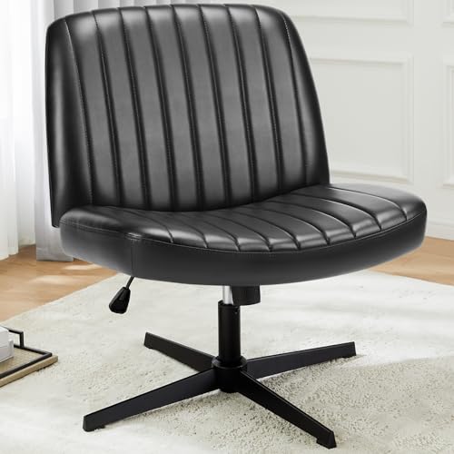 Cross Legged Office Chair, Armless Wide Desk Chair No Wheels, Modern Home Office Desk Chair Swivel Adjustable Leather Vanity Chair - Black