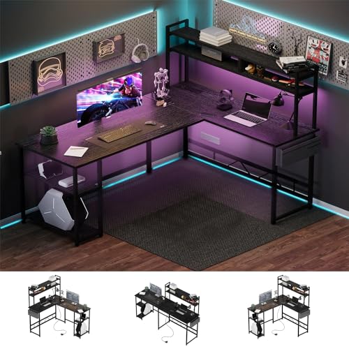 Flamaker L Shaped Gaming Desk with LED Lights & Power Strips, 120x140cm Reversible Corner Computer Desk with Storage Shelf and Hutch, Home Office Desk, Black - 120 x 140 cm - Black