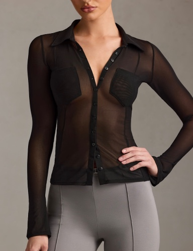 Sheer Long-Sleeve Shirt in Black