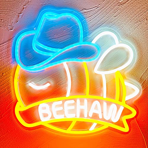 Artlast Cowboy Bee Neon Sign Beehaw LED Neon Light Cowboy Hat Night Lamp for Bedroom Beer Bar Home Yellow Neon Cowboy Yeehaw Artwork Decor for Man Cave Hotel Office Holiday Gift for Lover - 1.Beehaw