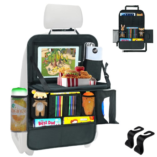 EWEIMA Auto Organizer Rücksitz, Rückenlehnenschutz Auto Kinder mit Faltbarer Tischablage,12 Zoll Durchsichtigem iPad Tablet-Tasche , 2 Haken, Wasserabweisender Kick Matten Schutz für Autositz - 