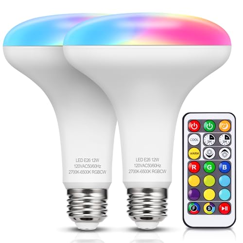 JandCase BR30 Color Changing Light Bulb, RGB+Warm+Cool White LED Flood Lights, 12W(100W Equivalent), 1050lm, Remote Control, Dimmable Multi-Color Can Light Bulbs for Ceiling, E26 Base, 2 Pack - Multi Color - 2 Count (Pack of 1)