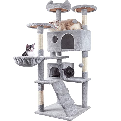 HOMIDEC Cat Tree, 151cm Cat Scratching Post Stable Cat Tower for Indoor Cat, Activity Centre Cat Climbing Tree with 2 Cat Houses, Hammock, 4 Sisal Posts, Ladder, and Rest Place - Grey