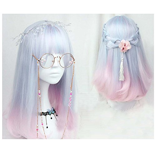 CHC FAIRY 18 inch soft sister Light blue pink color gradient COSPLAY wig Gals Japan Harajuku style+cap No headwear