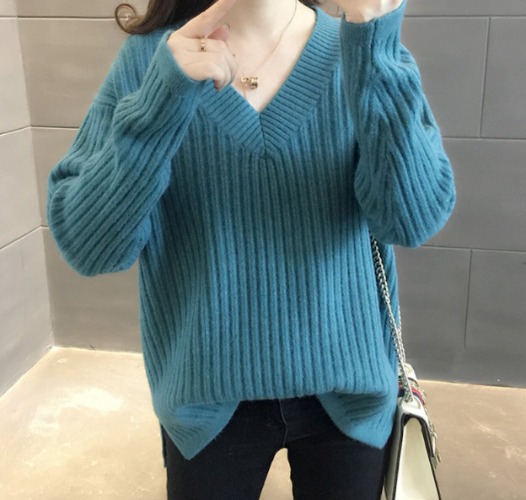 Womens V Neck Rib Knit Sweater - Blue / One Size