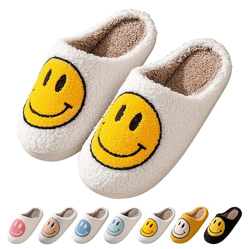Smile Face Slippers for Women Happy face slippers Retro Soft Plush Warm Slip-on Slippers, Cozy Indoor Outdoor Slippers - 9-10 Women/8-9 Men - Yellow