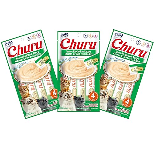 INABA Churu Cat Treats, Grain-Free, Lickable, Squeezable Creamy Purée Cat Treat/Topper with Vitamin E & Taurine, 0.5 Ounces Each Tube, 12 Tubes (4 per Pack), Tuna with Chicken Recipe - Tuna with Chicken Recipe - 0.5 Ounce (Pack of 12)