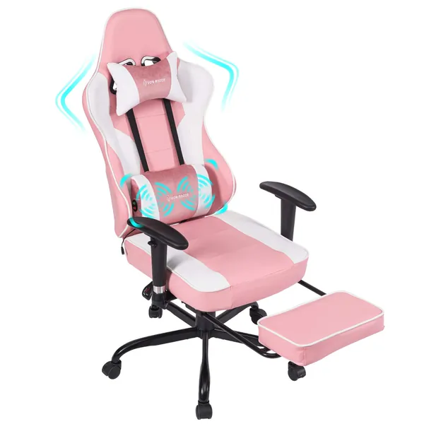 VON RACER Massage Gaming Chair - High Back Racing PC Computer Desk Office Chair Swivel Ergonomic Executive Leather Chair with Footrest and Adjustable Armrests (Pink) - Pink
