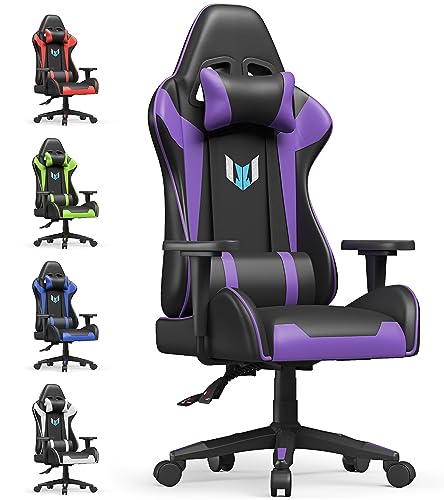 Bigzzia Gaming Chair Ergonomic Office Chair Adjustable Height Swivel Desk Chair Reclining Computer Chair with Lumbar and Headrest Support Racing Style Leather Video Gamer Chair (Black/Purple) - Black/Purple